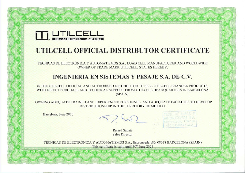 Certificado como distribuidor oficial Utilcell - Basculas ISP